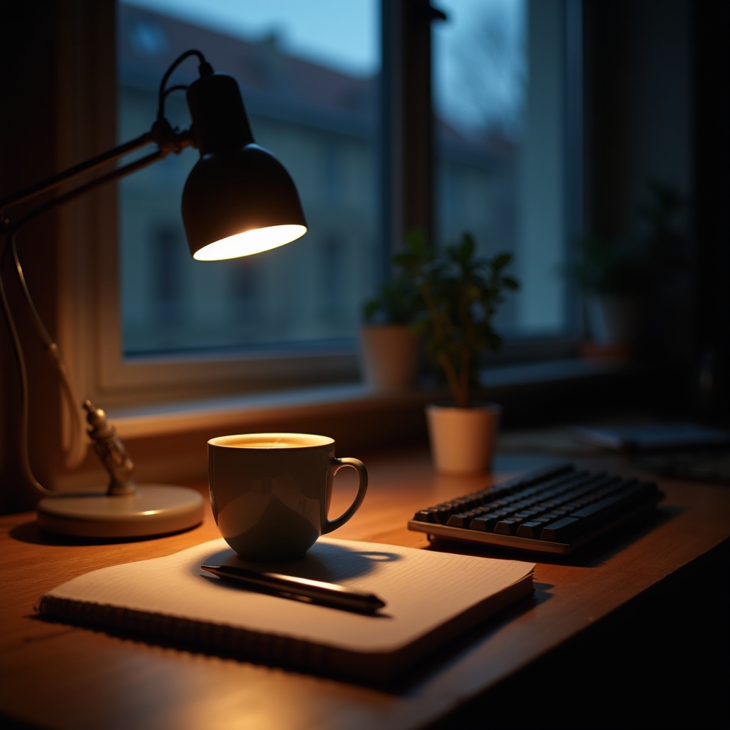 A quiet morning desk setup in a Polish apartment, warm light, coffee and notebook ready before the workday begins