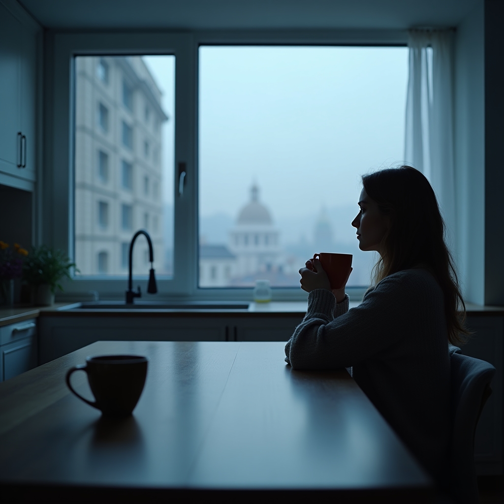 Person sitting at a kitchen table in early morning with a cup of coffee, looking out the window, quiet and contemplative before the workday starts