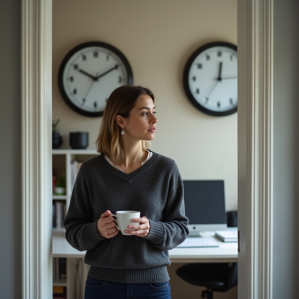Remote worker in Poland looking at two clocks on wall showing different timezones, thoughtful expression, home office setting