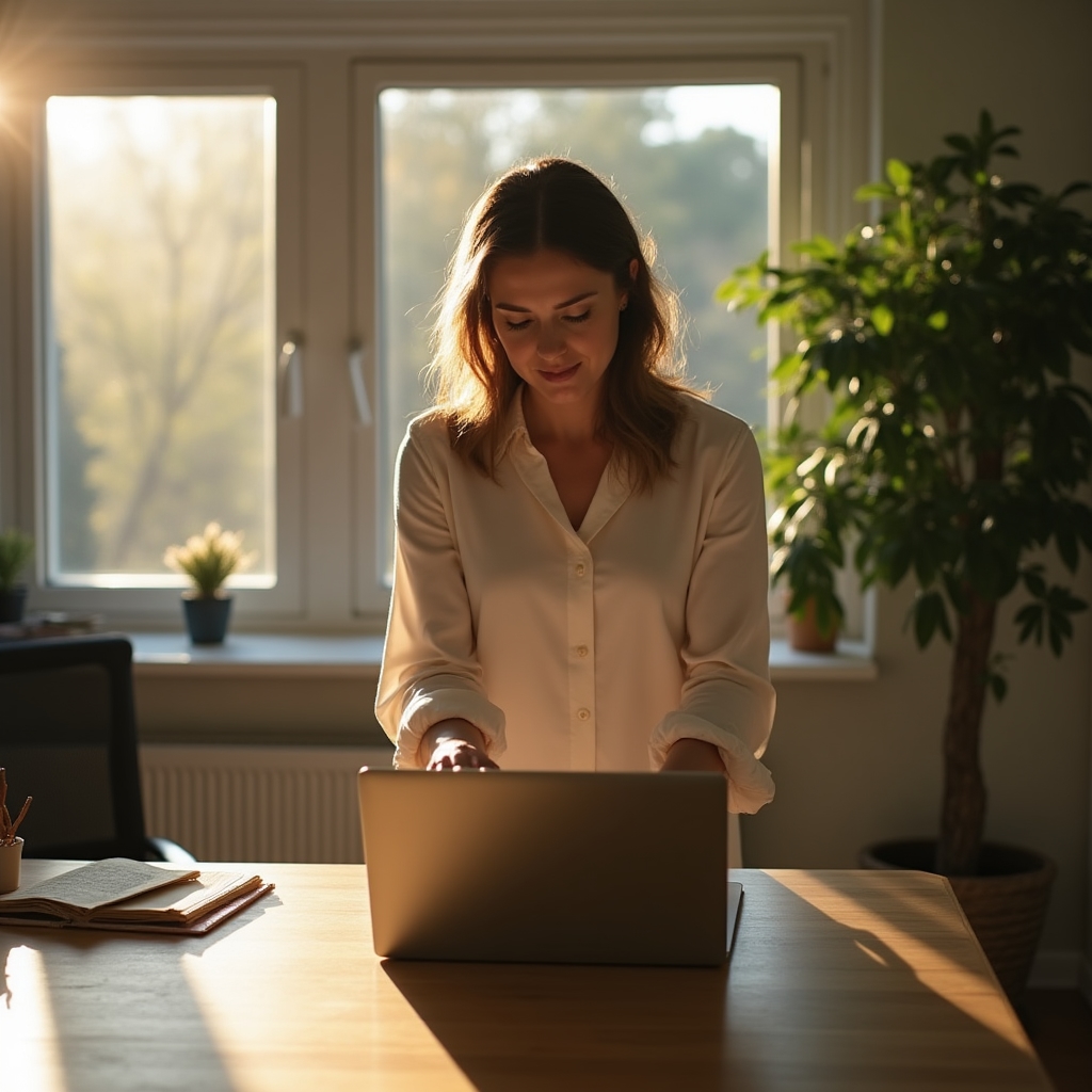 Person closing a laptop in a home office at end of workday, standing up, natural light fading, deliberate and calm end-of-day gesture